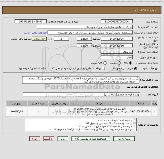 استعلام ساخت تابلو چلنیوم زیر کار کامپوزیت با مصالح درجه 1 اداره آب اندیمشک5*1/5 طراحی و رنگ بندی و حروف چینی با نظر واحد متقاضی صورت می گیرد. 
