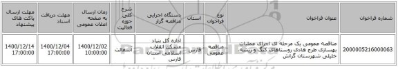 مناقصه عمومی یک مرحله ای اجرای عملیات بهسازی طرح هادی روستاهای کنگ و ریشه، خلیلی شهرستان گراش