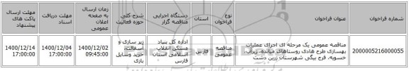 مناقصه عمومی یک مرحله ای اجرای عملیات بهسازی طرح هادی روستاهای میانده، زیرآب، خسویه، فرج بیگی شهرستان زرین دشت