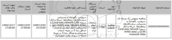 مناقصه عمومی یک مرحله ای سرویس، نگهداری و پشتیبانی سخت‌افزارها‌، نرم‌افزار‌ها، شبکه و اتاق سرور«  Local area network (LAN) و (WAN) area network Wide» 