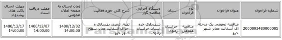 مناقصه عمومی یک مرحله ای آسفالت معابر شهر خرو