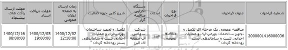 مناقصه عمومی یک مرحله ای تکمیل و تجهیز ساختمان بهره‌برداری و عملیات اجرایی تثبیت و ساماندهی بستر رودخانه کردان 