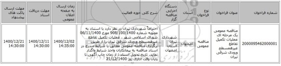 مناقصه عمومی یک مرحله ای عملیات تکمیل تقاطع غیرهمسطح ورودی شرقی تیران
