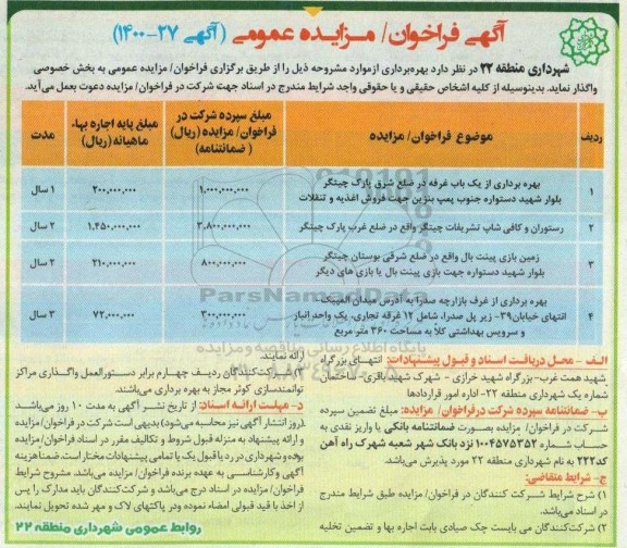 مزایده بهره برداری از یک باب غرفه در ضلع شرقی پارک و...