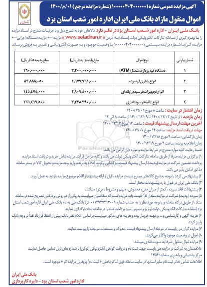 مزایده دستگاه خودپرداز مستعمل (ATM) ...