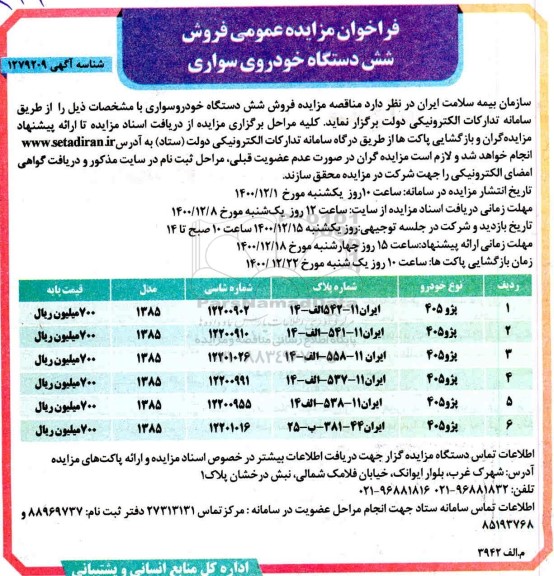 فراخوان مزایده فروش شش دستگاه خودرو سواری