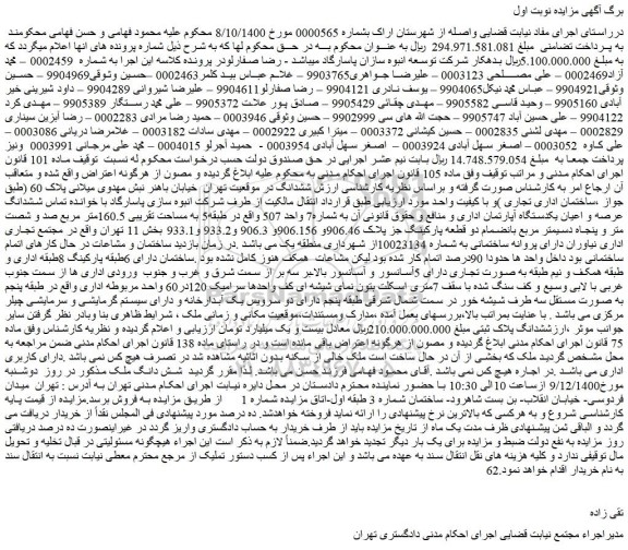 مزایده فروش ششدانگ عرصه و اعیان یکدستگاه آپارتمان اداری 
