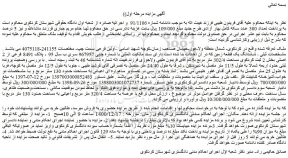 مزایده فروش ششدانگ یک قطعه زمین که در آن احداث بنا