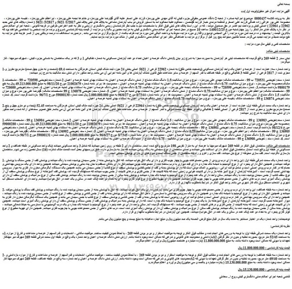 مزایده فروش دو باب آپارتمان مشاعی به پلاک های ثبتی پلاک ثبتی 1/2817/ 5621 و 3/2817/ 5621