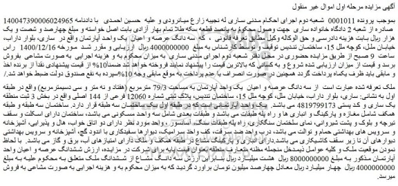 مزایده فروش سه دانگ عرصه و اعیان یک واحد آپارتمان