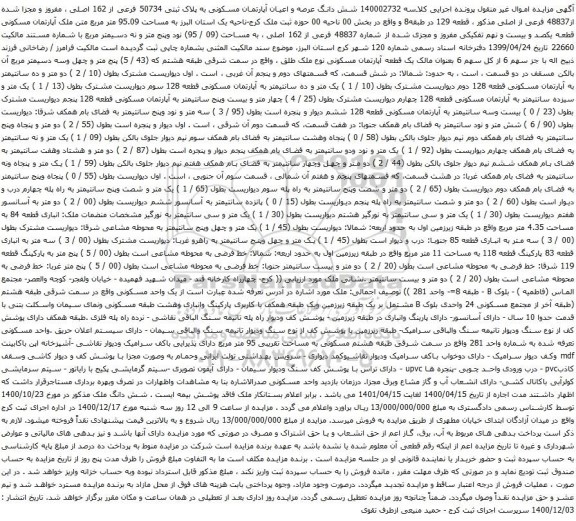 آگهی مزایده شش دانگ عرصه و اعیان آپارتمان مسکونی به پلاک ثبتی 50734 فرعی از 162 اصلی