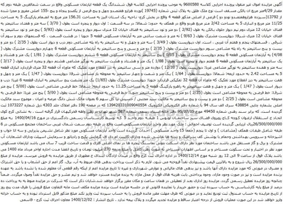 آگهی مزایده ششدانگ یک قطعه اپارتمان مسکونی