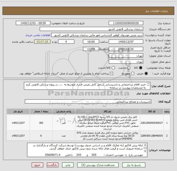 استعلام خرید اقلام ساختمانی و تاسیساتی شامل کابل زمینی فشار متوسط به  .... در پروژه پزشکی قانونی کرج به مشحصات پیوست در سامانه
ایران کدها فرضی و مشابه است
