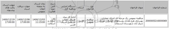 مناقصه عمومی یک مرحله ای اجرای عملیات بهسازی طرح هادی روستاهای کوشک، خیرآباد، شرق آباد شهرستان ارسنجان