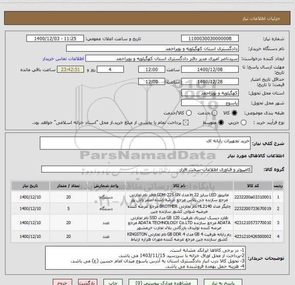 استعلام خرید تجهیزات رایانه ای