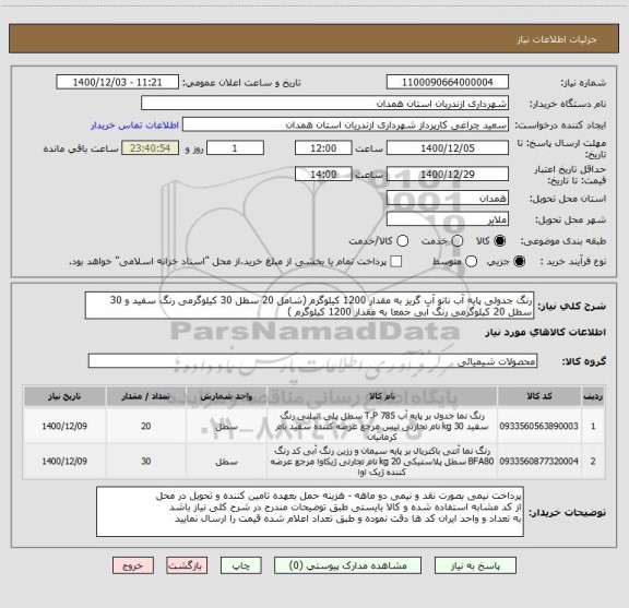 استعلام رنگ جدولی پایه آب نانو آب گریز به مقدار 1200 کیلوگرم (شامل 20 سطل 30 کیلوگرمی رنگ سفید و 30 سطل 20 کیلوگرمی رنگ آبی جمعا به مقدار 1200 کیلوگرم )