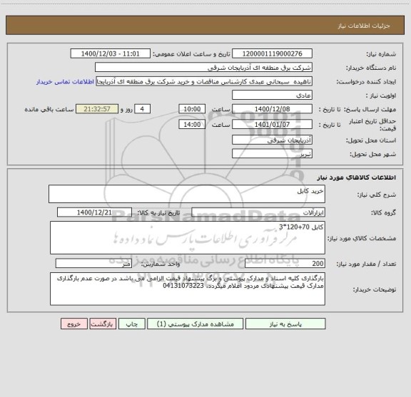 استعلام خرید کابل 