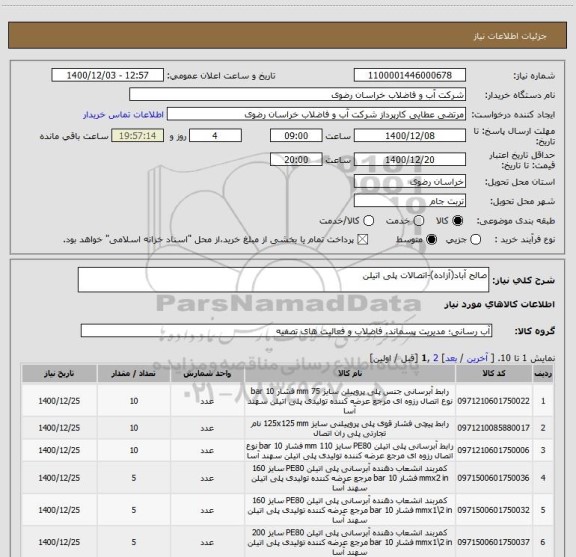 استعلام صالح آباد(آزاده)-اتصالات پلی اتیلن