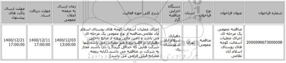 مناقصه عمومی یک مرحله ای اجرای عملیات آسفالت کوچه های روستای اسلام آباد نظامی