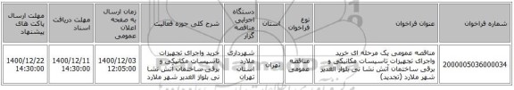 مناقصه عمومی یک مرحله ای    خرید  واجرای تجهیزات تاسیسات مکانیکی و برقی ساختمان آتش نشا نی بلوار الغدیر شهر ملارد (تجدید)