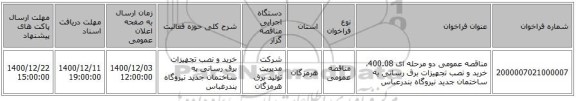مناقصه عمومی دو مرحله ای 400.08، خرید و نصب تجهیزات برق رسانی به ساختمان جدید نیروگاه بندرعباس