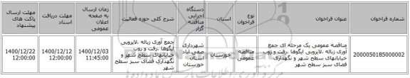 مناقصه عمومی یک مرحله ای جمع آوری زباله ،لایروبی ایگوها ،رفت و روب خیابانهای سطح شهر و نگهداری فضای سبز سطح شهر 
