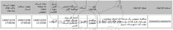 مناقصه عمومی یک مرحله ای اجرای عملیات بهسازی طرح هادی روستاهای اقبال آباد، دهک و دولت آباد شهرستان شیراز