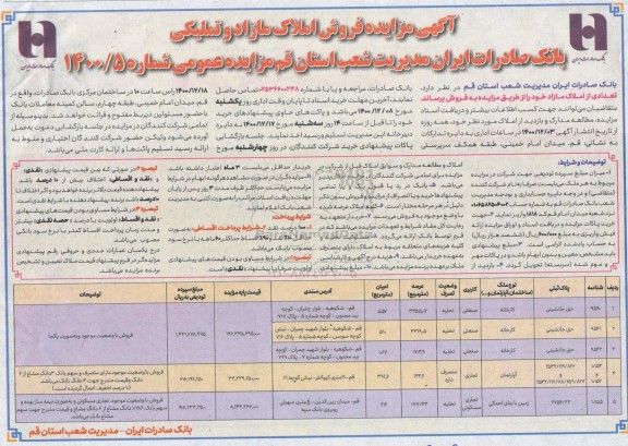 مزایده فروش املاک مازاد و تملیکی