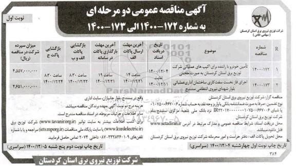 مناقصه تامین خودرو با راننده برای اکیپ های عملیاتی شرکت و..