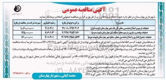 مناقصه عملیات ترمیم و اصلاح هندسی معابر فاز و ...