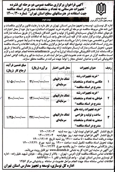 فراخوان مناقصه، فراخوان مناقصه تجیهزات هنرستانی