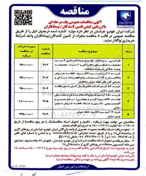 مناقصه طراحی، ساخت و نصب و راه اندازی 2 ست مجموعه فیکسچر حکاکی .....