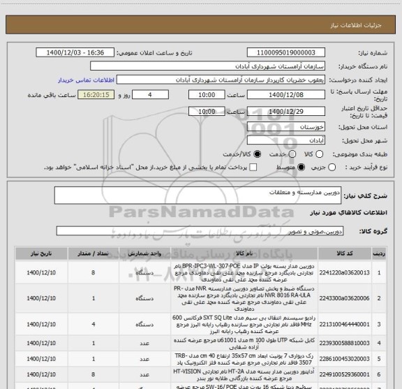 استعلام دوربین مداربسته و متعلقات