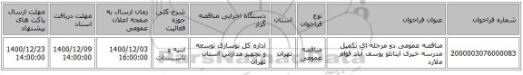 مناقصه عمومی دو مرحله ای تکمیل مدرسه خیری اینانلو یوسف آباد قوام ملارد