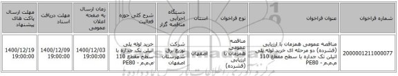 مناقصه عمومی همزمان با ارزیابی (فشرده) دو مرحله ای خرید لوله پلی اتیلن تک جداره با سطح مقطع 110 م.م.م - PE80