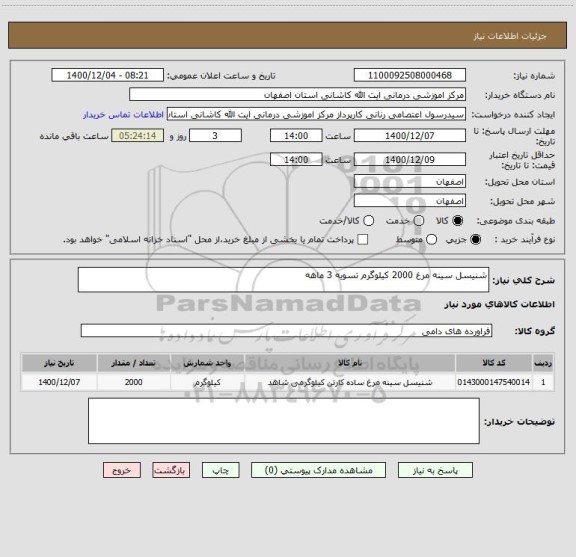 استعلام شنیسل سینه مرغ 2000 کیلوگرم تسویه 3 ماهه