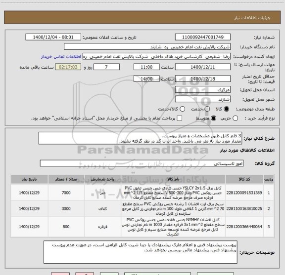 استعلام 3 قلم کابل طبق مشخصات و متراژ پیوست.
مقدار مورد نیاز به متر می باشد. واحد ایران کد در نظر گرفته نشود.