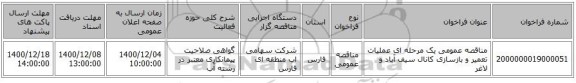 مناقصه عمومی یک مرحله ای عملیات تعمیر و بازسازی کانال سیف آباد و لاغر