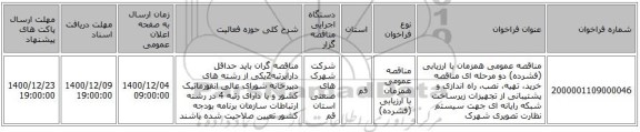 مناقصه عمومی همزمان با ارزیابی (فشرده) دو مرحله ای مناقصه خرید، تهیه، نصب، راه اندازی و پشتیبانی از تجهیزات زیرساخت شبکه رایانه ای جهت سیستم نظارت تصویری شهرک