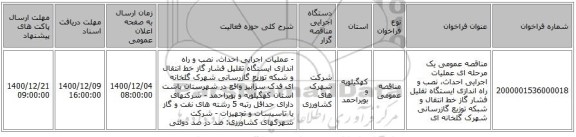 مناقصه عمومی یک مرحله ای عملیات اجرایی احداث، نصب و راه اندازی ایستگاه تقلیل فشار گاز خط انتقال و شبکه توزیع گازرسانی شهرک گلخانه ای