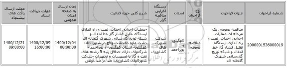 مناقصه عمومی یک مرحله ای عملیات اجرایی احداث، نصب و راه اندازی ایستگاه تقلیل فشار گاز خط انتقال و شبکه توزیع گازرسانی شهرک گلخانه ای