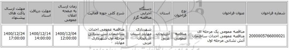 مناقصه عمومی یک مرحله ای مناقصه عمومی احداث ساختمان آتش نشانی مرحله اول