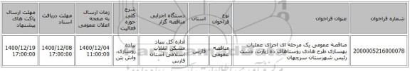 مناقصه عمومی یک مرحله ای اجرای عملیات بهسازی طرح هادی روستاهای ده زیارت، دشت رئیس شهرستان سرچهان