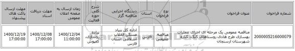 مناقصه عمومی یک مرحله ای اجرای عملیات بهسازی طرح هادی روستاهای کتک، کناره شهرستان ارسنجان