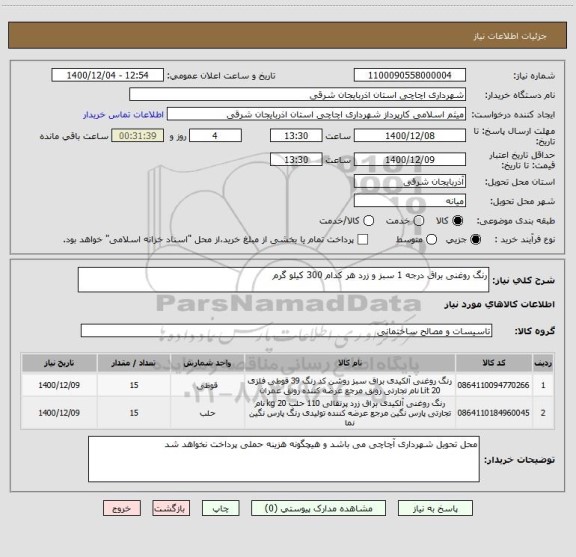 استعلام رنگ روغنی براق درجه 1 سبز و زرد هر کدام 300 کیلو گرم