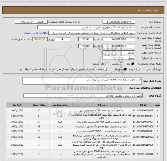 استعلام خرید تجهیزات و مبلمان اداری طبق لیست پیوستی