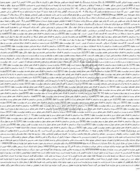 آگهی مزایده یک دانگ مشاع از ششدانگ یک قطعه آپارتمان مسکونی نوع ملک طلق با کاربری به پلاک ثبتی ۲۰۸۹۸ فرعی از ۹ اصلی ،