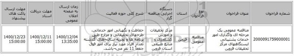 مناقصه عمومی یک مرحله ای واگذاری امور خدمات پشتیبانی  ایستگاههای مرکز تحقیقات قزوین