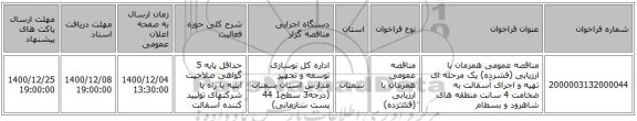 مناقصه عمومی همزمان با ارزیابی (فشرده) یک مرحله ای تهیه و اجرای  آسفالت به ضخامت 4 سانت منطقه های شاهرود و  بسطام
