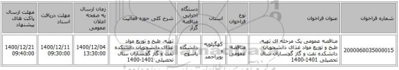 مناقصه عمومی یک مرحله ای تهیه، طبخ و توزیع مواد غذای دانشجویان دانشکده نفت و گاز گچساران سال تحصیلی 1401-1400